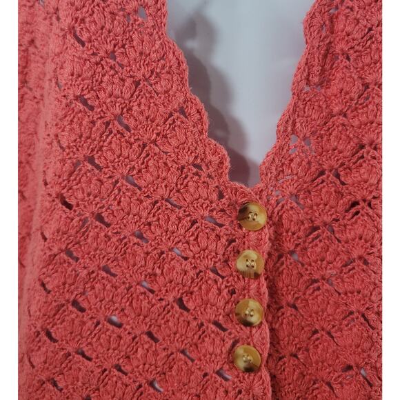Worthington Orange Coral Crochet Button Up Sleeveless Cardigan Sweater XL Soft - Picture 5 of 5